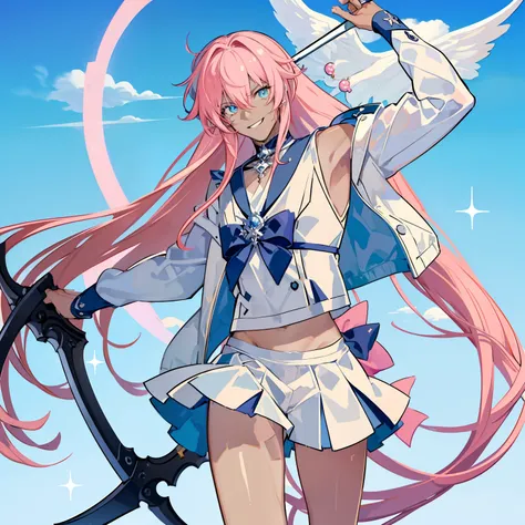 "Create a stunning artwork of a (( Beautiful,Man as hybrid of Sailor Moon with intricate details, vibrant colors, and dynamic poses, Smiling )), ((the Man has dark skin:1.4)) ,(( long white hair with Pink streaks ,)) and (( a Skimpy white and Pink Outfit w...