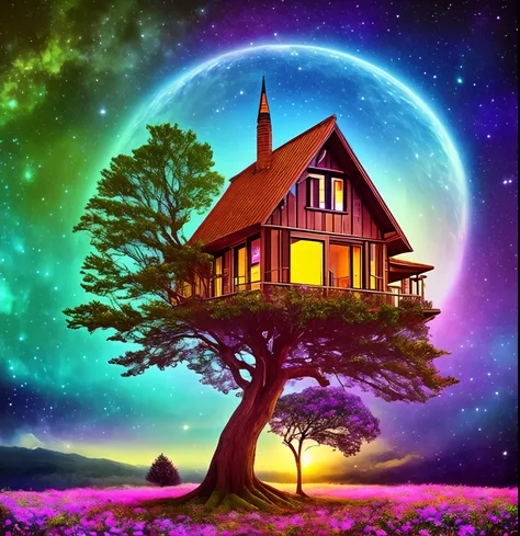 Beautiful cosmic house in tree, psicodelic, intricado, capa de album