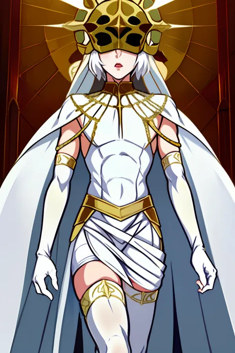 gywndolin, short white hair, androgynous, 1boy, male, femboy, flat-chested, gwyrob, white thighhighs, ((golden sun mask)), cover...