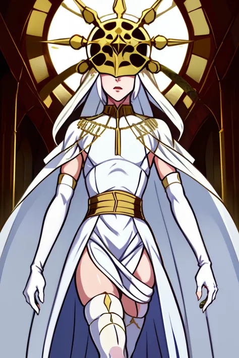 Gywndolin, short white hair, androgynous, 1boy, male, femboy, flat-chested, GwyRob, white thighhighs, ((golden sun mask)), covered eyes, gold jewelry, white elbow gloves, long white dress, green snakes, white veil, ((snakes under white dress)), perfect ana...