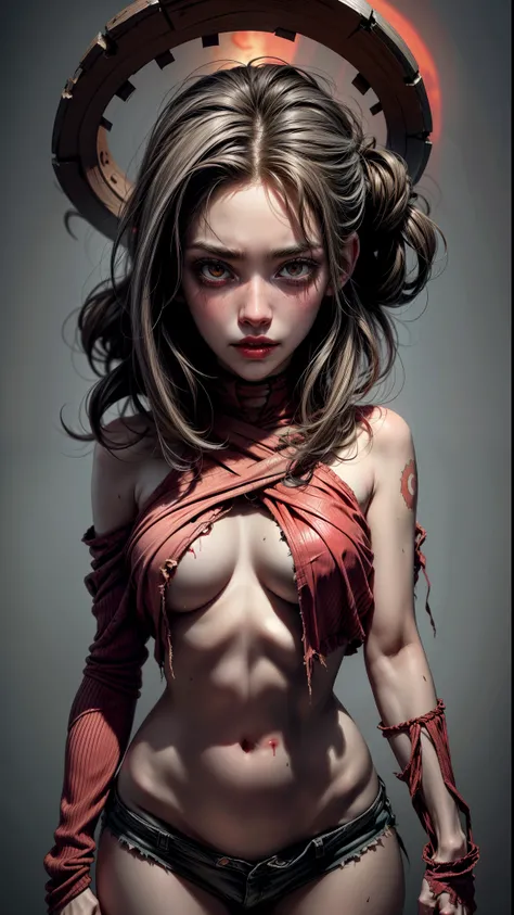 art horror by apterus. beautiful female zombie torn clothes with patterns, a creature with big head and small body, against the background of a round red glow. apterus creepy anatomy