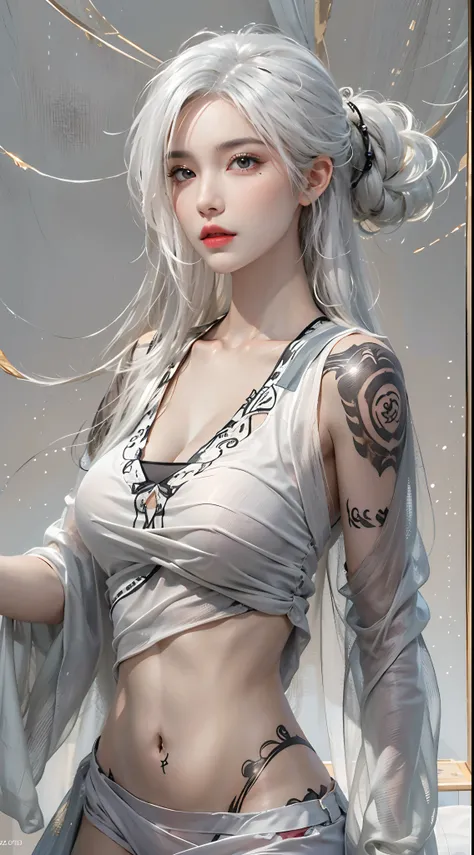 photorealistic, high resolution, 1women, solo, hips up, look at viewer, (detailed face), white hair, long hair, medium breasts, tattoo, taoist