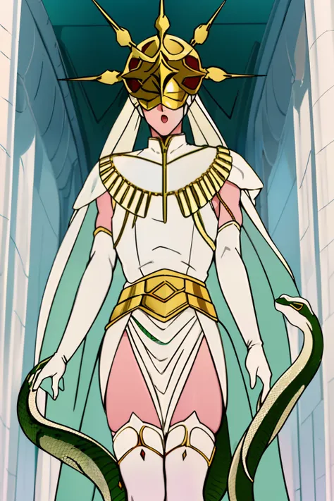 Gywndolin, short white hair, androgynous, 1boy, male, femboy, flat-chested, GwyRob, white thighhighs, ((golden sun mask)), covered eyes, gold jewelry, white elbow gloves, long white dress, green snakes, white veil, ((snakes under white dress)), perfect ana...