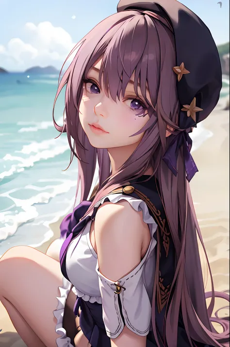 1girl, purple hair, beach, (realistic:1.2),