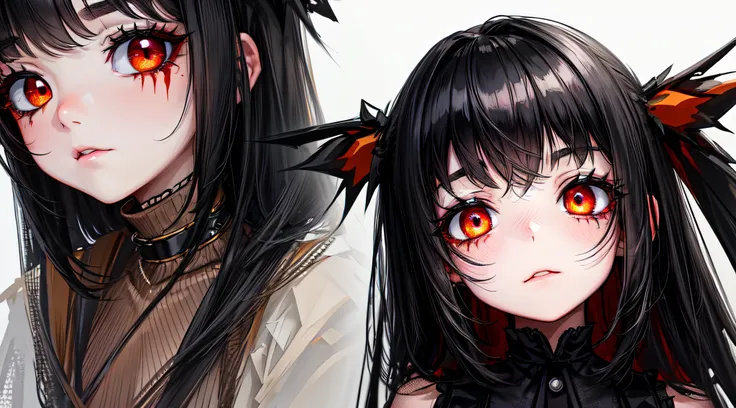 3 years old girl, black hair, dark gray sclera, black iris, blood red pupil, detailed eyes