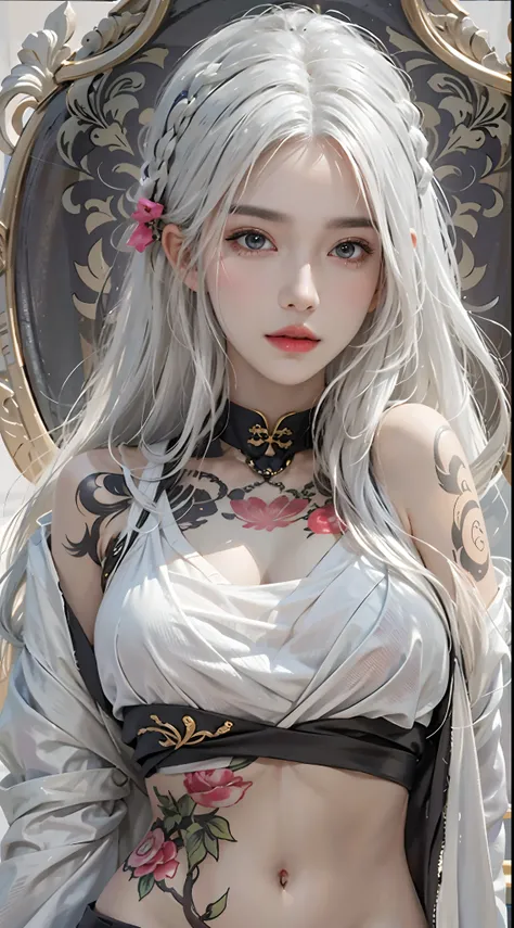 photorealistic, high resolution, 1women, solo, hips up, look at viewer, (detailed face), white hair, long hair, medium breasts, tattoo, taoist