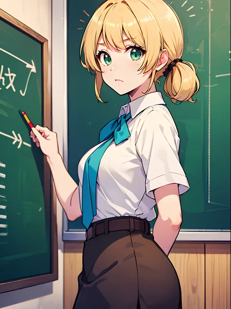 anime style, ellen baker, beautiful, green eye, blonde hair, white shirt, dark blue outer, short span, brown span, (background: ...