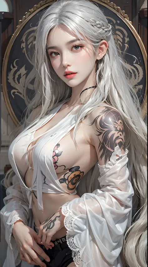 photorealistic, high resolution, 1women, solo, hips up, look at viewer, (detailed face), white hair, long hair, medium breasts, tattoo, taoist