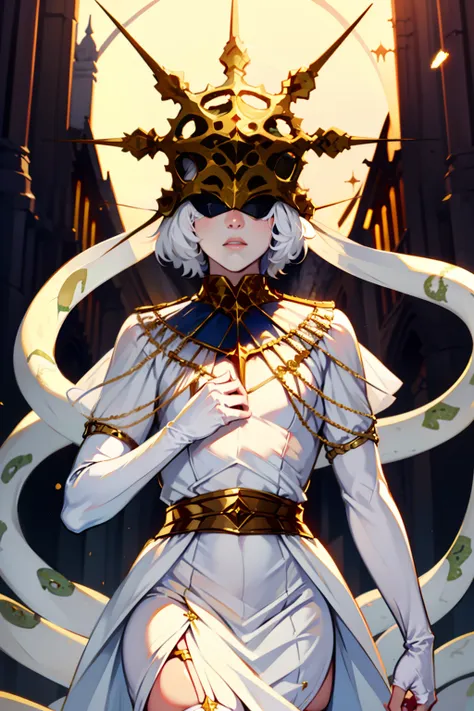 Gywndolin, short white hair, androgynous, 1boy, male, femboy, flat-chested, GwyRob, white thighhighs, ((golden sun mask)), covered eyes, gold jewelry, white elbow gloves, long white dress, green snakes, white veil, ((snakes under white dress)), perfect ana...