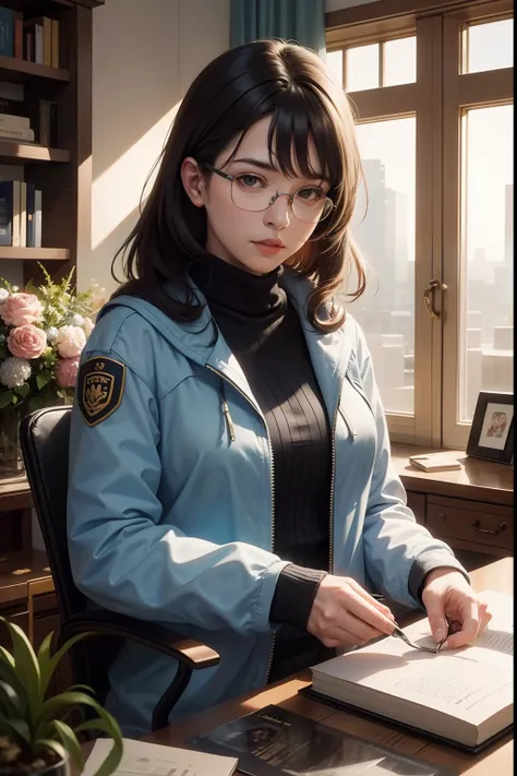 A 40 year old woman with glasses, surrounded by books, flowers in front of her, upper body camera