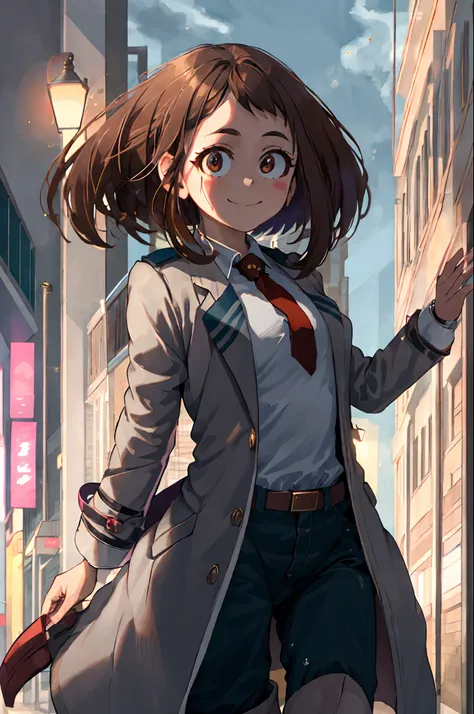 (masterpiece, ultra high res, best quality:1.1), (flat color), 1girl, solo, teen, cowboy shot, (depth of field:1.2), (night), (long coat), downtown, (street light:1.1), (Fantastic lighting), looking at viewer, brown hair, brown eyes, [smile], (Closed mouth...