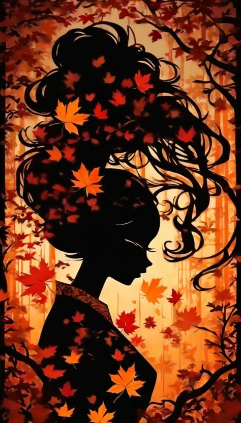 (Silhouette Art,cutouts:1.6)
(((Paper cutting art,A world where only black exists:1.3)

(Cowboy Shot),1 girl,Solo,
(Kimono Girl,profile:1.2),white, Clear and beautiful face,

BREAK
(Yellow and red autumn leaves)
Textured glass background,