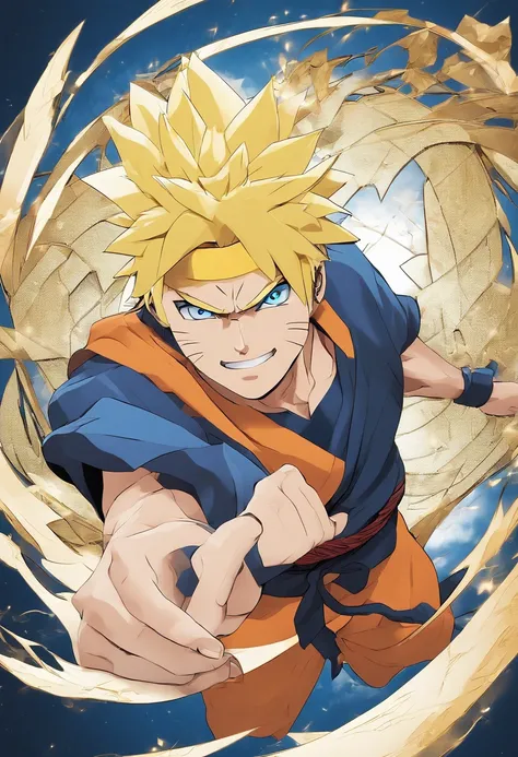 uzumaki naruto, Charismatic and decisive expression, Headband with the Konoha symbol, spiky blonde hair, bright blue eyes, Orange jumpsuit, Energetic pose, Shadow clones in the background, intense battle scene, Dynamic action, Powerful rasengan, Dramatic L...