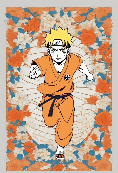 uzumaki naruto, Headband with the Konoha symbol, spiky blonde hair, Bright blue eyes, Orange jumpsuit, Energetic pose, Vivid colors,Color Paper