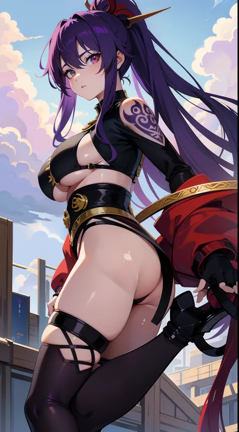 adult girl, long purple hair, Part of the hair is gathered in a high ponytail, Heterochromia, The left eye is purple, Red right eye, big breastes, The Monkey Kings Armor, open torso, lots of tattoos, clouds beneath your feet, Masterpiece, hiquality, 4k, HD...