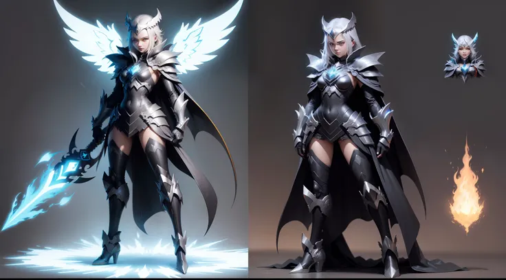 using cape Digimom Angel female color black weapons in hand concept art fantasy, Elemental fire, Skill power fire