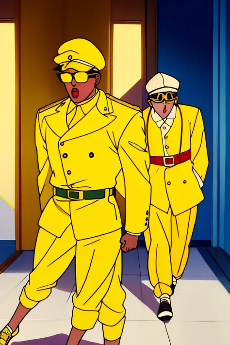 two guys, one is lightskin and other is yellow, the yellow guy have a black cap and circular glasses, and the lightskin guy have a square glasses and a lolipop in the mouth, both of them,they have their backs in a stylish way