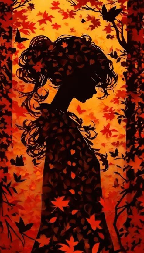 (Silhouette Art,cutouts:1.6)
(((Paper cutting art,A world where only black exists:1.3)

(Cowboy Shot),1 girl,Solo,
(Kimono Girl,profile:1.2),white, Clear and beautiful face,Black cat facing each other at his feet

break
(Colored leaves、amarelo　Red:1.3)
Tex...