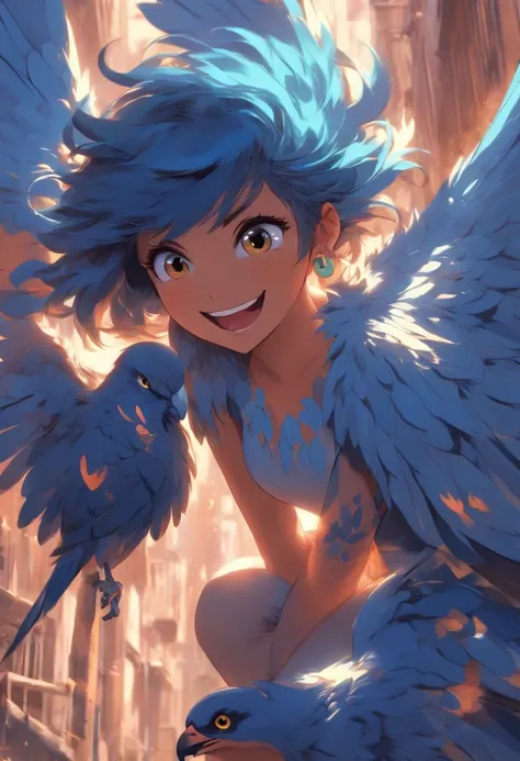 alegre, Blue Harpy Girl, Alas azules, dark brown claws, cabello azul muy corto hasta la oreja, ojos dorados, Parte superior del tubo blanco, Pantalones cortos negros, Large blue bird wings, They are smiling, Chica sola. Mostrando vientre, flaco. Bluebirdta...