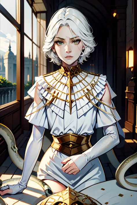 Gywndolin, short white hair, androgynous, 1boy, male, femboy, flat-chested, GwyRob, white thighhighs, ((golden sun mask)), covered eyes, gold jewelry, white elbow gloves, long white dress, green snakes, white veil, ((snakes under white dress)), perfect ana...