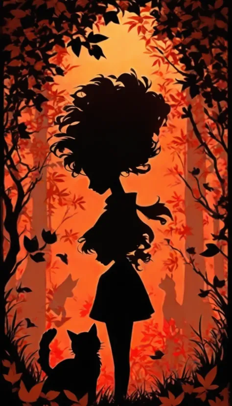 (Silhouette Art,cutouts:1.6)
(((Paper cutting art,A world where only black exists:1.3)

(Cowboy Shot),1 girl,Solo,
(Kimono Girl,profile:1.2),white, Clear and beautiful face,Black cat at your feet

break
(Colored leaves、amarelo　Red:1.1)
Textured glass backg...