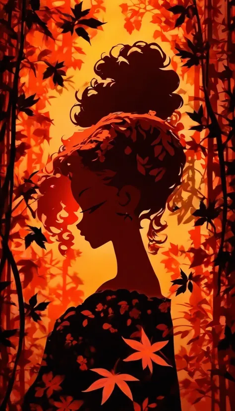 (Silhouette Art,cutouts:1.6)
(((Paper cutting art,A world where only black exists:1.3)

(Cowboy Shot),1 girl,Solo,
(Kimono Girl,profile:1.2),white, Clear and beautiful face,Black cat at feet

break
(Colored leaves、amarelo　Red:1.1)
Textured glass background...