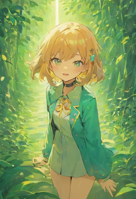 a girl wearing an anime collar, a long necklace and earrings, in the style of tranquil gardenscapes, colorful animation stills, masami teraoka, aquamarine, paul gauguin, Embry style, honest portrayal anime, chains, cute, m-shape legs, helpless, droll comin...