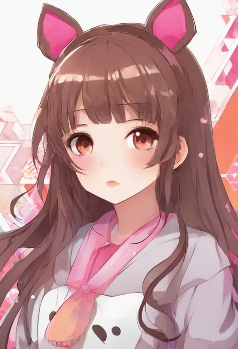 1girl, solo, female, medium skin, brown hair, medium hair, bangs, bear ears, pink eyes, multicolor eyes, hispanic