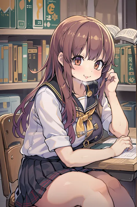 ((masutepiece, Best Quality)),Best aesthetic,1girl in, School uniform, desk work, Sitting, School Desk, Brown hair, crass room, Long hair, Indoors, Chair, Looking at Viewer, :P, Solo Focus, Brown eyes, Skirt, Long sleeves, Pencil, 1 boy, pencil case, paper...