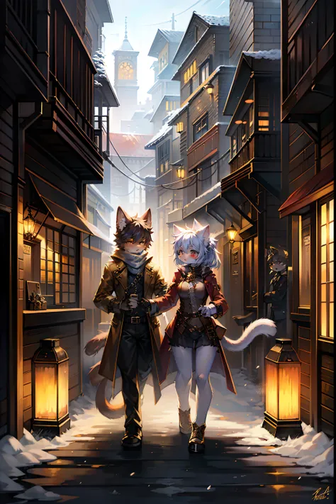 Furry female cat in kemono style, wearing a coat and cold clothes, walking through a steampunk city, snow falling, 4k, masterpiece, harmonious composition