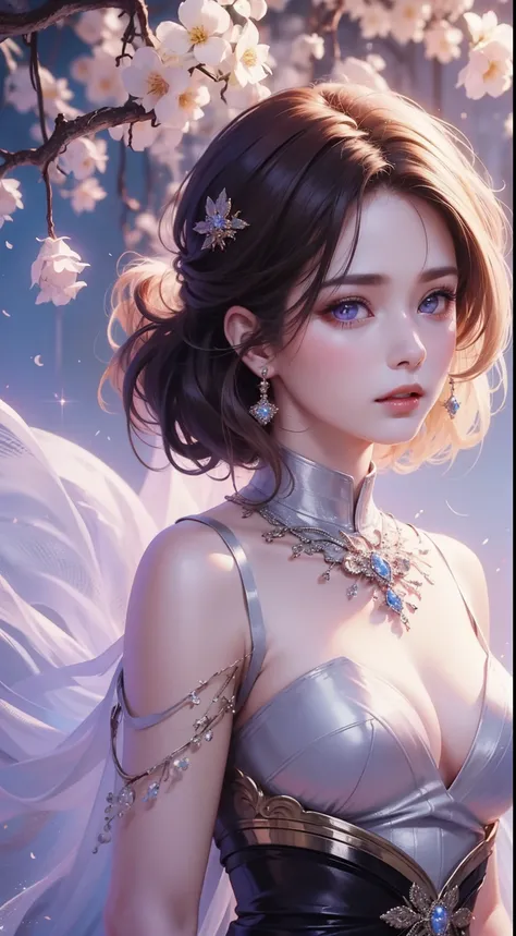 tmasterpiece，Highest high resolution，((themoon))，Dynamic bust of a beautiful aristocratic maiden，elegantly coiled brown chestnut hair，Purple clear eyes，Hair is covered with beautiful and delicate floral craftsmanship, Crystal Jewelry Filigree，Ultra-detaile...