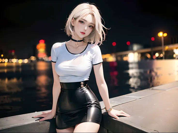 masutepiece、top-quality、Movie stills、1girl in、For highlights、((Tight white shirt、Black Leather High Waist Tight Skirt、a choker、pin heels, make - up)), White hair、Short Hair Gradient Inner Color、slender long legs、beauty legs、Slimed、Model body type、Urban lan...