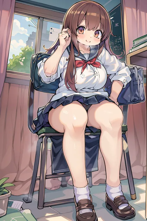 ((masutepiece, Best Quality)),Best aesthetic,1girl in, School uniform, desk work, Sitting, School Desk, Brown hair, crass room, Long hair, Indoors, Chair, Looking at Viewer, :P, Solo Focus, Brown eyes, Skirt, Long sleeves, Pencil, 1 boy, pencil case, paper...