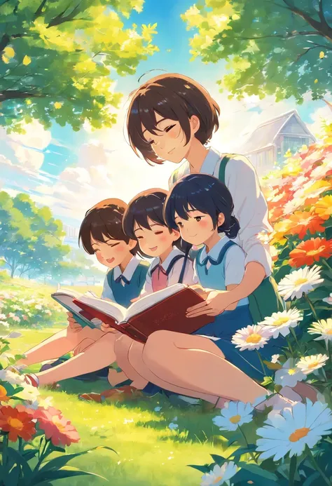 Happy Teacher and kids, illustration, a kind and lovely teacher reading a bookand with students, blue sky and white clouds, various flowers and bright sunshine, bright colors, warm atmosphere