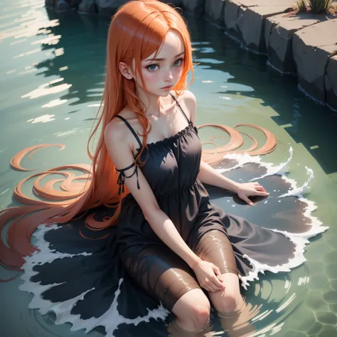 (masutepiece, Best Quality), ((1girl in, Solo, Long hair)), Ishmael_limbus, Innocent expression, Bare arms, Bare shoulders, Bare neck, watercolor paiting, sundress, liquid clothes, Water, vague, Water Dress, Blue_theme, Night, myst, Dark, Sharp Focus, Sea,...