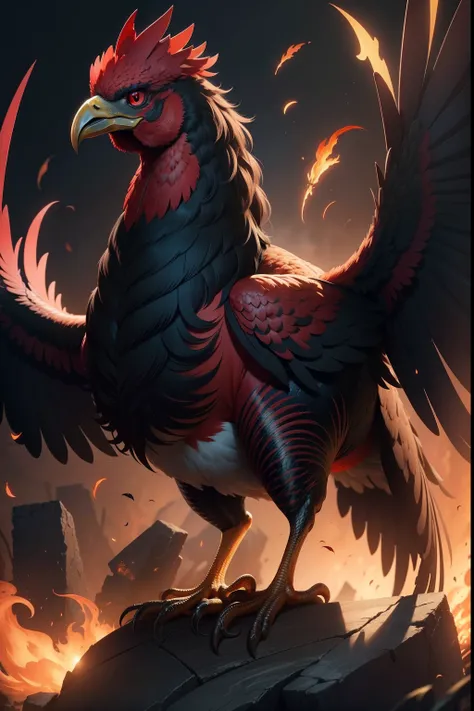 A big rooster scorching red eyes, wings open in defiant pose, snake tail, Cockatrice ,high quality, 4k, 8k, resolution,full bodie