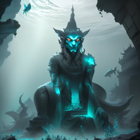 there is a statue of a mythical creature sitting on a rock in the water, asura from chinese myth, the god of the sea, water demon, undersea temple, narasimha, underwater temple, king of the sea, water temple, greek myth digital painting, menacing!, epic di...