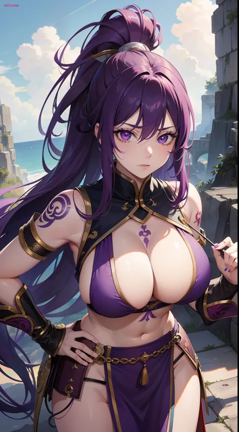 adult girl, long purple hair, Part of the hair is gathered in a high ponytail, Heterochromia, The left eye is purple, Red right eye, big breastes, The Monkey Kings Armor, open torso, lots of tattoos, clouds beneath your feet, Masterpiece, hiquality, 4k, HD...