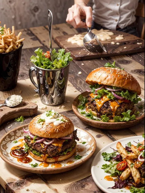 golden fries, and a side of ketchup. the burger is perfectly cooked with juicy and tender beef patties, topped with melted chees...