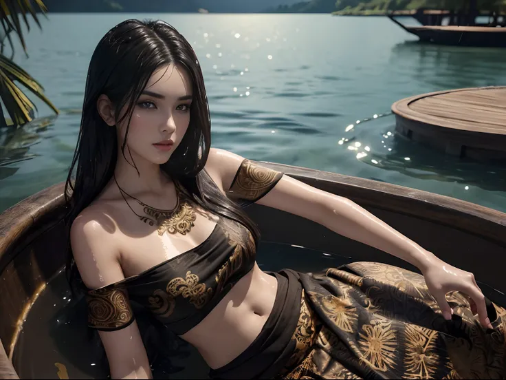 (A beautiful 25 years old female model bathing in the lake:1.6), (long black hair:1.2), (pale skin), (detailed oily and sweaty skin:1.2), (wearing brown and black tube top style sarong dress with batik ornate:1.6), (candle-lit lake at night background:1.2)...