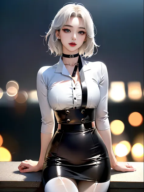 masutepiece、top-quality、Movie stills、1girl in、For highlights、Extraordinary Beauty、A sexy、skyporn、milf, ((Tight white shirt、Black Leather High Waist Tight Skirt、a choker、pin heels, make - up)), White hair、Short Hair Gradient Inner Color、slender long legs、be...