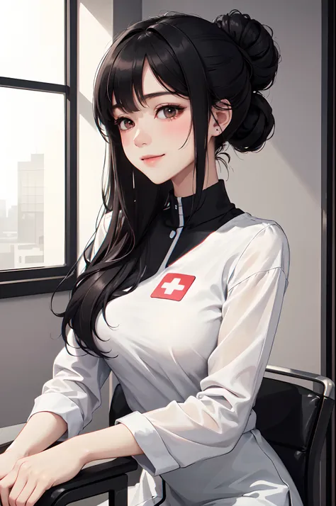 Indoor Hospital, 1 Female Soloner, /(Simple uniform/) /(Black medium hair/) Hair UP, blush gentle smile, (masterpiece best quality:1.3) Delicate illustrations ultra-detailed high resolution, Large breasts