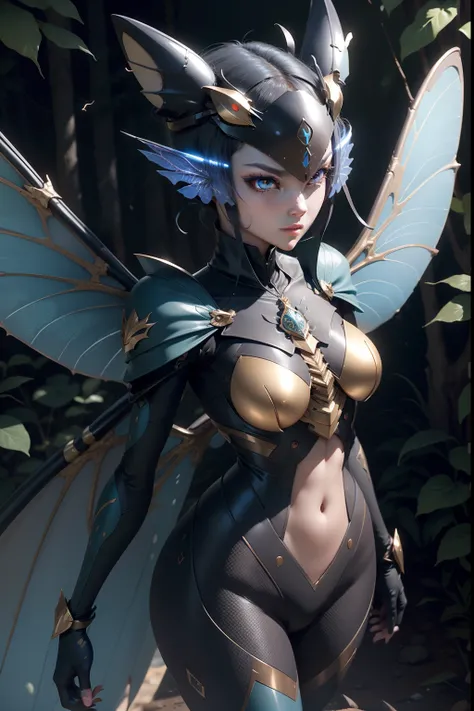 Insect humans、Dragon Flywoman、Fearsome mutants、Phantom of the Insect Face、Antennae on the head、Eyes are compound eyes、4 wings on the back、On the chest the emblem of a dragonfly、skinny  body、Blue body、forested background、full-body view、