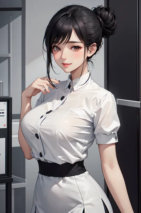 indoor hospital, 1 female soloner, /(simple uniform/) /(black medium hair/) hair up, blush gentle smile, (masterpiece best quali...