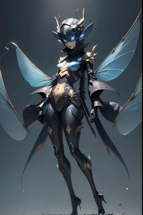 Insect humans、Dragon Flywoman、Fearsome mutants、Phantom of the Insect Face、Antennae on the head、Eyes are compound eyes、4 wings on the back、On the chest the emblem of a dragonfly、skinny  body、Blue body、forested background、full-body view、