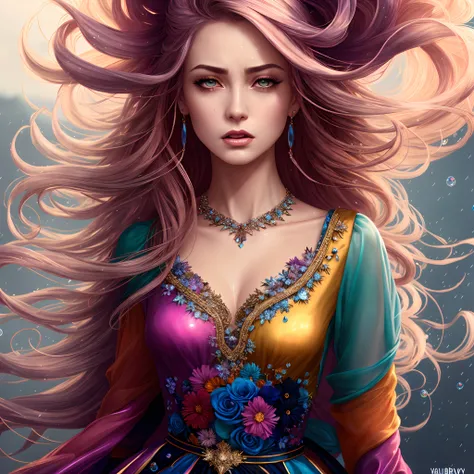 elegant lady, anna dittman style woman with full gently open lips, (very angry expression:1.5), clearly unhappy, wavy very long white-blonde hair which is spread out and blown by wind, intense aquamarine eyes, long eyelashes, half body length, fantasy char...