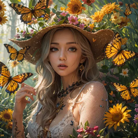 masutepiece, High resolution，Best Quality，High Definition, Perfect composition, Perfect face, Perfect body, Golden ratio, 8K，Beautiful flower garden，[Butterflies flutter by]，Fantastic world，Cinematic lighting，Mystical light，(Full body tattoo)，tobacco，Color...