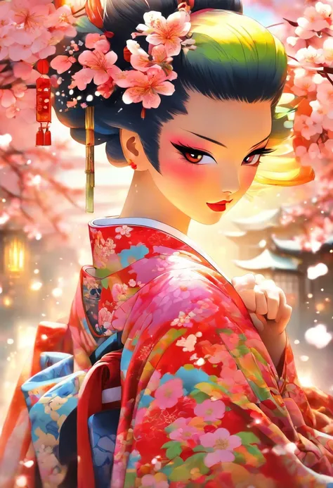 The most beautiful punk rock geisha, rainbow colored hair, yellow eyes, wearing a highly detailed kimono, tattoos and piercings, cherry blossoms blowing in the wind, Tokugawa castle, perfect masterpiece, high quality, high resolution