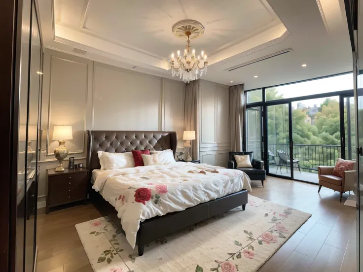 ，masterpiece, best quality，8k, ultra highres，In a gorgeous décor style，The bedroom becomes a showcase for exquisite works of art。On the high ceiling hangs a huge oil painting，The colorful flowers exude a charming fragrance in the shimmering light。On the be...