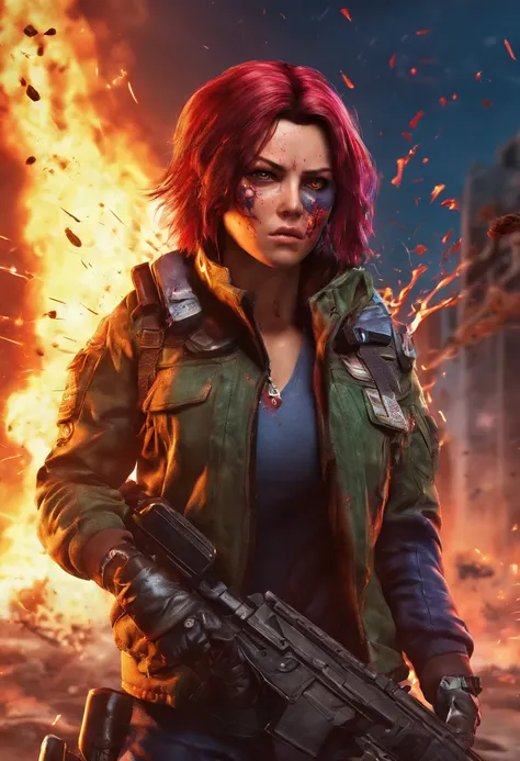 (best quality,ultra-detailed,realistic:1.37)alita battle angel,denim jacket,portraits,high contrast lighting,blue color tone,helmet,mechanical suit,expressive face,dark background,scars on face,red eyes,red hair,sharp focus,badass attitude,weapon sparks,fl...